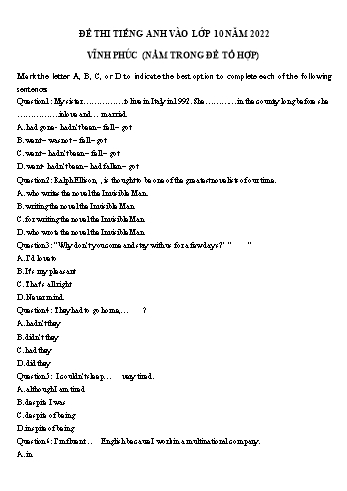 Đề thi vào Lớp 10 môn Tiếng Anh (Nằm trong đề tổ hợp) - Năm học 2022-2023 - Sở GD&ĐT Vĩnh Phúc