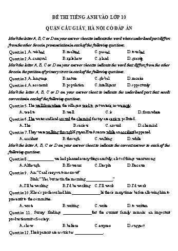 Đề thi vào Lớp 10 môn Tiếng Anh - Phòng GD&ĐT Cầu Giấy (Có đáp án)