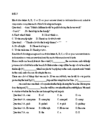 Đề thi vào Lớp 10 THPT môn Tiếng Anh - Đề 17 - Năm học 2023-2024 (Có đáp án)