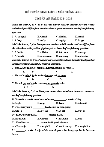 Đề tuyển sinh Lớp 10 môn Tiếng Anh - Đề số 2 - Năm học 2021-2022 (Có đáp án)