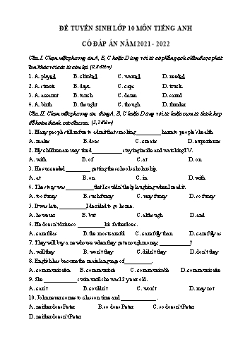 Đề tuyển sinh Lớp 10 môn Tiếng Anh - Đề số 3 - Năm học 2021-2022 (Có đáp án)