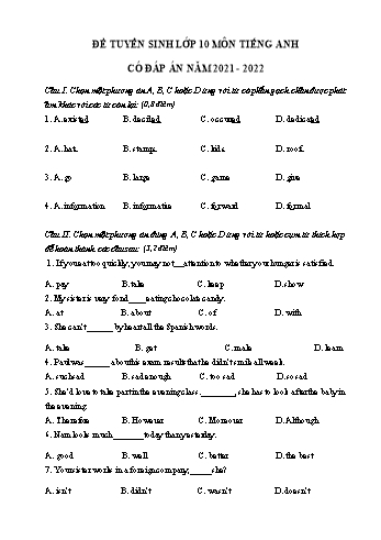 Đề tuyển sinh Lớp 10 môn Tiếng Anh - Đề số 5 - Năm học 2021-2022 (Có đáp án)