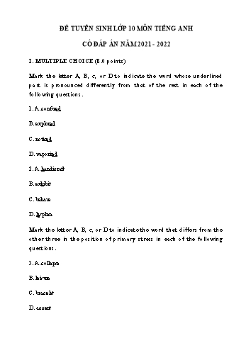 Đề tuyển sinh Lớp 10 môn Tiếng Anh - Năm học 2021-2022 (Có đáp án)