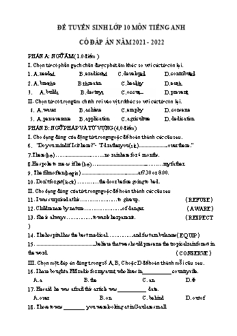 Đề tuyển sinh vào Lớp 10 môn Tiếng Anh - Đề số 1 - Năm học 2021-2022 - Sở GD&ĐT Thanh Hóa (Có đáp án)
