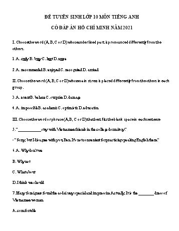 Đề tuyển sinh vào Lớp 10 môn Tiếng Anh - Đề số 3 - Năm học 2021-2022 - Sở GD&ĐT Hồ Chí Minh (Có đáp án)