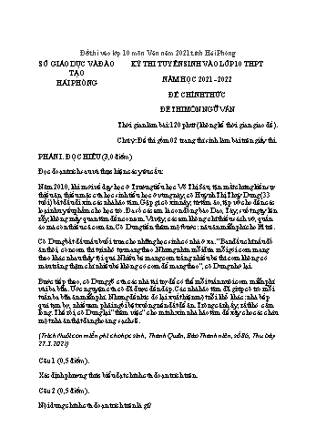 Kỳ thi tuyển sinh vào Khối 10 THPT môn Ngữ văn - Năm học 2021-2022 - Sở GD&ĐT Hải Phòng (Có đáp án)