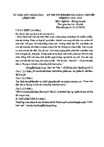 Kỳ thi tuyển sinh vào Lớp 10 chuyên môn Ngữ văn - Năm học 2021-2022 - Sở GD&ĐT Lâm Đồng (Có đáp án)