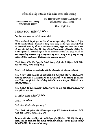 Kỳ thi tuyển sinh vào Lớp 10 môn Ngữ văn - Năm học 2021-2022 - Sở GD&ĐT Hải Dương (Có đáp án)
