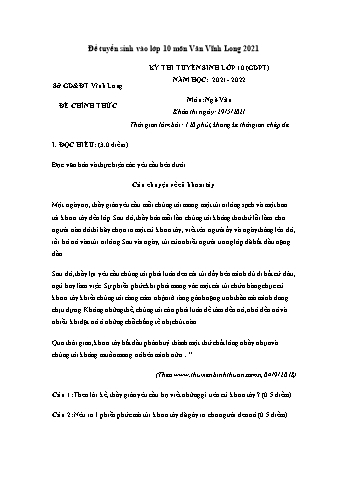 Kỳ thi tuyển sinh vào Lớp 10 môn Ngữ văn - Năm học 2021-2022 - Sở GD&ĐT Vĩnh Long (Có đáp án)