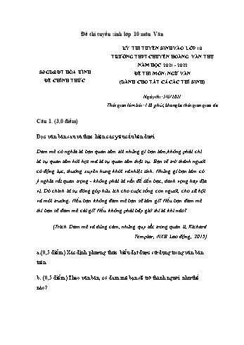 Kỳ thi tuyển sinh vào Lớp 10 môn Ngữ văn - Năm học 2021-2022 - Trường THPT chuyên Hoàng Văn Thụ (Có đáp án)