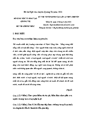 Kỳ thi tuyển sinh vào Lớp 10 THPT chuyên môn Ngữ văn - Năm học 2021-2022 - Sở GD&ĐT Quảng Trị (Có đáp án)