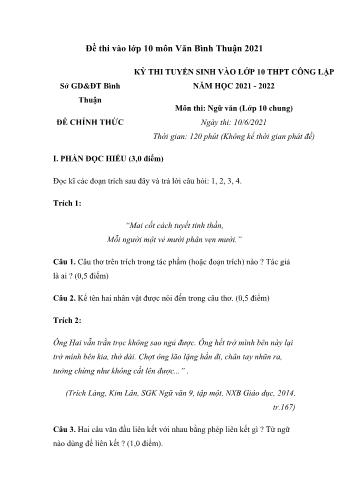 Kỳ thi tuyển sinh vào Lớp 10 THPT Công lập môn Ngữ văn (Chung) - Năm học 2021-2022 - Sở GD&ĐT Bình Thuận (Có đáp án)