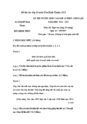 Kỳ thi tuyển sinh vào Lớp 10 THPT công lập môn Ngữ văn - Năm học 2021-2022 - Sở GD&ĐT Bình Thuận (Có đáp án)