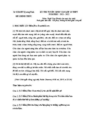 Kỳ thi tuyển sinh vào Lớp 10 THPT môn Ngữ văn - Năm học 2021-2022 - Sở GD&ĐT Quảng Ninh (Có đáp án)