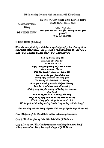 Kỳ thi tuyển sinh vào Lớp 10 THPT môn Ngữ văn - Năm học 2021-2022 - Sở GD&ĐT Kiên Giang (Có đáp án)