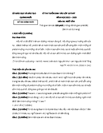 Kỳ thi tuyển sinh vào Lớp 10 THPT môn Ngữ văn - Năm học 2022-2023 - Sở GD&ĐT Quảng Ngãi (Có đáp án)