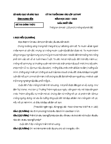 Kỳ thi tuyển sinh vào Lớp 10 THPT môn Ngữ văn - Năm học 2022-2023 - Sở GD&ĐT Hưng Yên (Có đáp án)