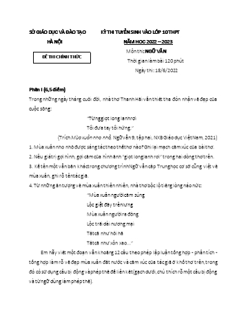 Kỳ thi tuyển sinh vào Lớp 10 THPT môn Ngữ văn - Năm học 2022-2023 - Sở GD&ĐT Hà Nội (Có đáp án)