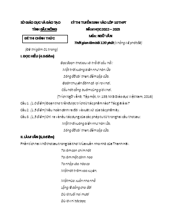 Kỳ thi tuyển sinh vào Lớp 10 THPT môn Ngữ văn - Năm học 2022-2023 - Sở GD&ĐT Đăk Nông (Có đáp án)