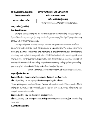 Kỳ thi tuyển sinh vào Lớp 10 THPT môn Ngữ văn - Năm học 2022-2023 - Sở GD&ĐT Thái Nguyên (Có đáp án)