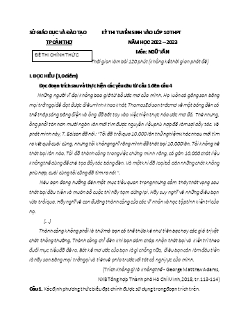 Kỳ thi tuyển sinh vào Lớp 10 THPT môn Ngữ văn - Năm học 2022-2023 - Sở GD&ĐT Cần Thơ (Có đáp án)