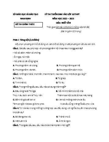 Kỳ thi tuyển sinh vào Lớp 10 THPT môn Ngữ văn - Năm học 2022-2023 - Sở GD&ĐT Nam Định (Có đáp án)