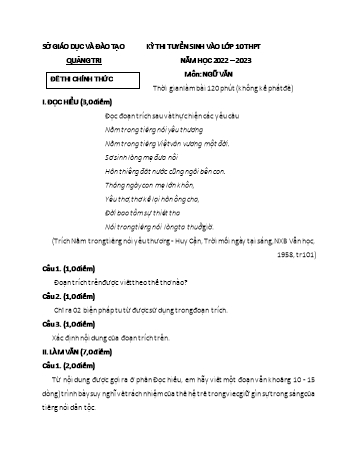 Kỳ thi tuyển sinh vào Lớp 10 THPT môn Ngữ văn - Năm học 2022-2023 - Sở GD&ĐT Quảng Trị (Có đáp án)