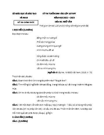 Kỳ thi tuyển sinh vào Lớp 10 THPT môn Ngữ văn - Năm học 2022-2023 - Sở GD&ĐT Hà Nam (Có đáp án)