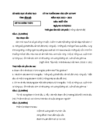 Kỳ thi tuyển sinh vào Lớp 10 THPT môn Ngữ văn - Năm học 2022-2023 - Sở GD&ĐT Yên Bái (Có đáp án)