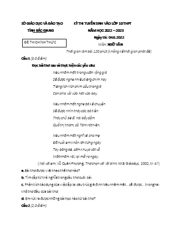 Kỳ thi tuyển sinh vào Lớp 10 THPT môn Ngữ văn - Năm học 2022-2023 - Sở GD&ĐT Bắc Giang (Có đáp án)