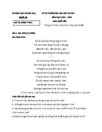 Kỳ thi tuyển sinh vào Lớp 10 THPT môn Ngữ văn - Năm học 2022-2023 - Sở GD&ĐT Nghệ An (Có đáp án)