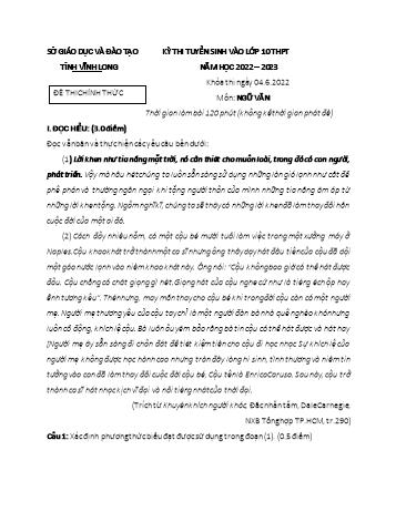 Kỳ thi tuyển sinh vào Lớp 10 THPT môn Ngữ văn - Năm học 2022-2023 - Sở GD&ĐT Vĩnh Long (Có đáp án)