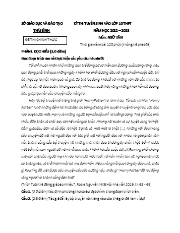 Kỳ thi tuyển sinh vào Lớp 10 THPT môn Ngữ văn - Năm học 2022-2023 - Sở GD&ĐT Thái Bình (Có đáp án)