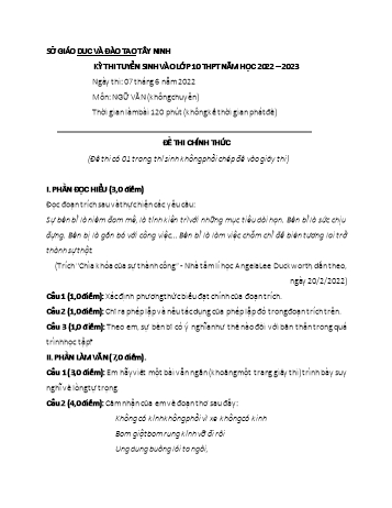 Kỳ thi tuyển sinh vào Lớp 10 THPT môn Ngữ văn - Năm học 2022-2023 - Sở GD&ĐT Tây Ninh (Có đáp án)