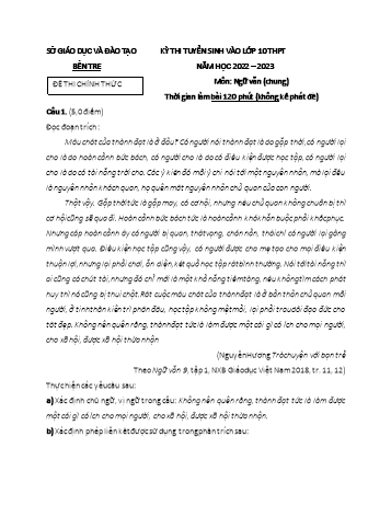 Kỳ thi tuyển sinh vào Lớp 10 THPT môn Ngữ văn - Năm học 2022-2023 - Sở GD&ĐT Bến Tre (Có đáp án)