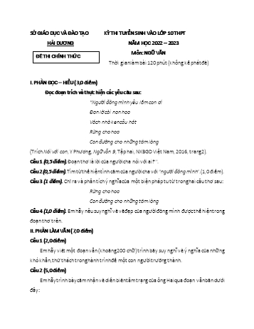 Kỳ thi tuyển sinh vào Lớp 10 THPT môn Ngữ văn - Năm học 2022-2023 - Sở GD&ĐT Hải Dương (Có đáp án)