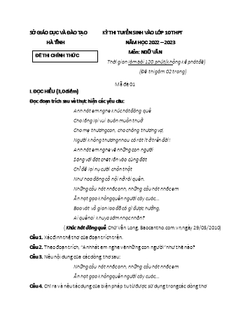 Kỳ thi tuyển sinh vào Lớp 10 THPT môn Ngữ văn - Năm học 2022-2023 - Sở GD&ĐT Hà Tĩnh (Có đáp án)