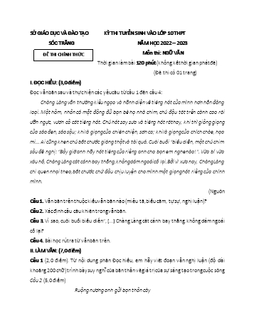 Kỳ thi tuyển sinh vào Lớp 10 THPT môn Ngữ văn - Năm học 2022-2023 - Sở GD&ĐT Sóc Trăng (Có đáp án)