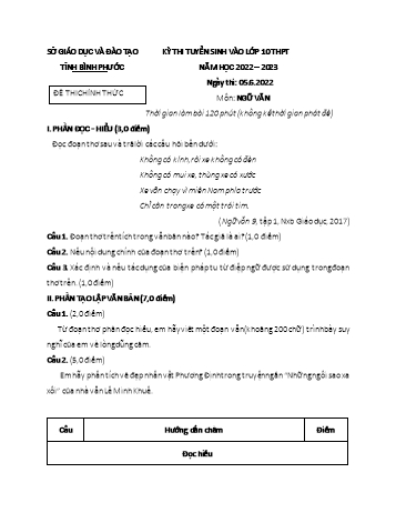 Kỳ thi tuyển sinh vào Lớp 10 THPT môn Ngữ văn - Năm học 2022-2023 - Sở GD&ĐT Bình Phước (Có đáp án)