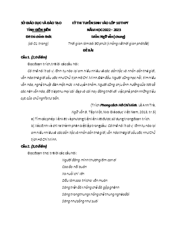 Kỳ thi tuyển sinh vào Lớp 10 THPT môn Ngữ văn - Năm học 2022-2023 - Sở GD&ĐT Điện Biên (Có đáp án)