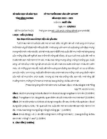 Kỳ thi tuyển sinh vào Lớp 10 THPT môn Ngữ văn - Năm học 2022-2023 - Sở GD&ĐT Bình Dương (Có đáp án)