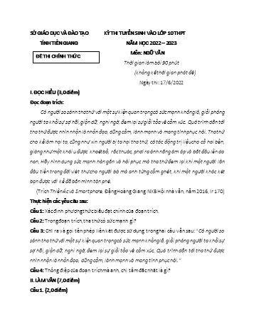 Kỳ thi tuyển sinh vào Lớp 10 THPT môn Ngữ văn - Năm học 2022-2023 - Sở GD&ĐT Tiền Giang (Có đáp án)