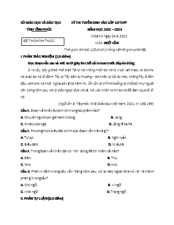 Kỳ thi tuyển sinh vào Lớp 10 THPT môn Ngữ văn - Năm học 2022-2023 - Sở GD&ĐT Vĩnh Phúc (Có đáp án)