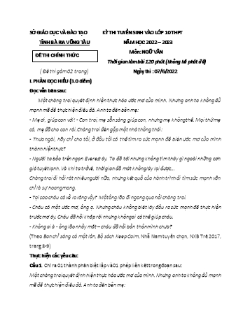 Kỳ thi tuyển sinh vào Lớp 10 THPT môn Ngữ văn - Năm học 2022-2023 - Sở GD&ĐT Bà Rịa Vũng Tàu (Có đáp án)