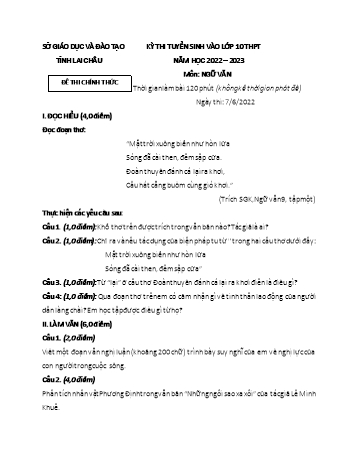 Kỳ thi tuyển sinh vào Lớp 10 THPT môn Ngữ văn - Năm học 2022-2023 - Sở GD&ĐT Lai Châu (Có đáp án)