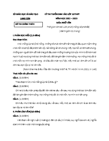 Kỳ thi tuyển sinh vào Lớp 10 THPT môn Ngữ văn - Năm học 2022-2023 - Sở GD&ĐT Lạng Sơn (Có đáp án)