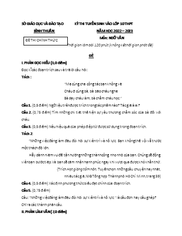 Kỳ thi tuyển sinh vào Lớp 10 THPT môn Ngữ văn - Năm học 2022-2023 - Sở GD&ĐT Bình Thuận (Có đáp án)