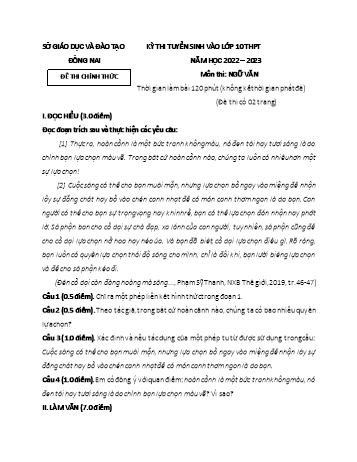 Kỳ thi tuyển sinh vào Lớp 10 THPT môn Ngữ văn - Năm học 2022-2023 - Sở GD&ĐT Đồng Nai (Có đáp án)