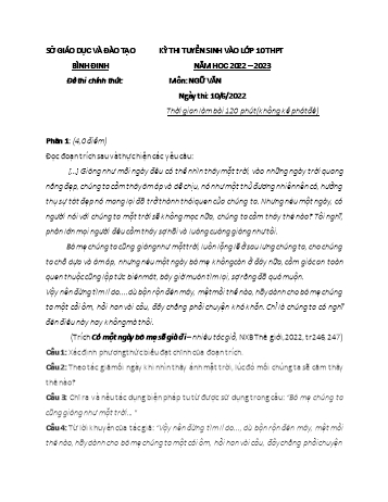 Kỳ thi tuyển sinh vào Lớp 10 THPT môn Ngữ văn - Năm học 2022-2023 - Sở GD&ĐT Bình Định (Có đáp án)