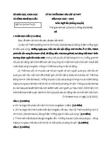 Kỳ thi tuyển sinh vào Lớp 10 THPT môn Ngữ văn - Năm học 2022-2023 - Sở GD, KH&CN Bạc Liêu (Có đáp án)